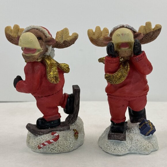 Vintage 2002 Santa Moose Figurines Set Of 2 Snowshoeing Christmas JTS Intl 5" - Picture 2 of 12